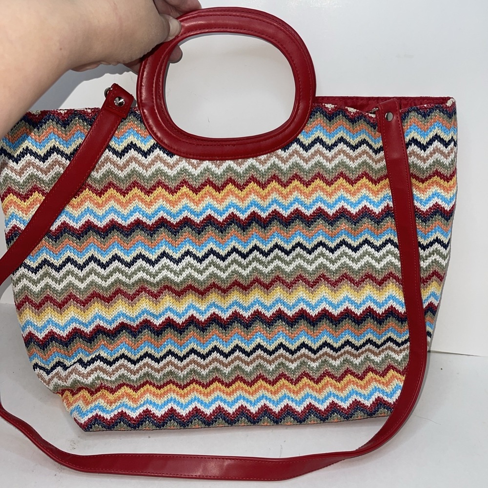 Top Handle Shoulder Bag Woven Chevron Stripe Red‎ Accents Water Resistant